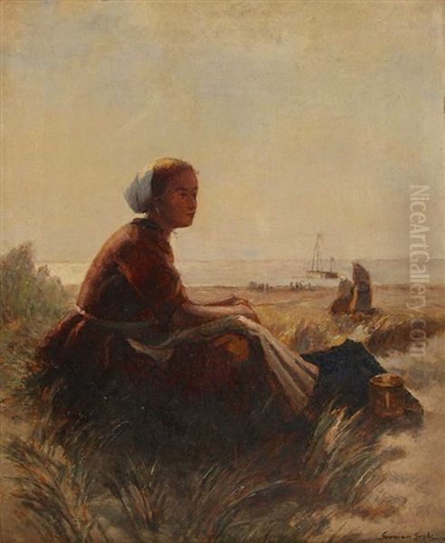 Junge Fischersfrau In Dunenlandschaft Mit Fischergenre Am Strand Oil Painting by German Grobe