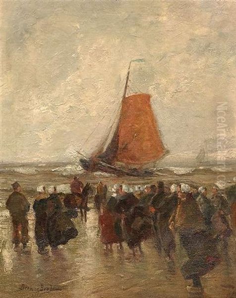 Fischersfrauen Erwarten Die Ruckkehr Der Boote Am Strand Oil Painting by German Grobe