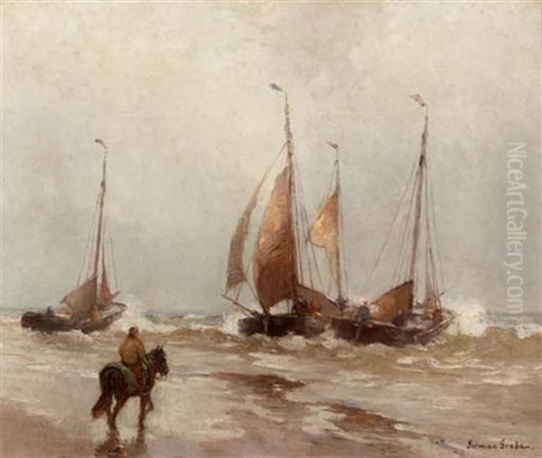 Bomschuiten In The Surf Oil Painting by German Grobe