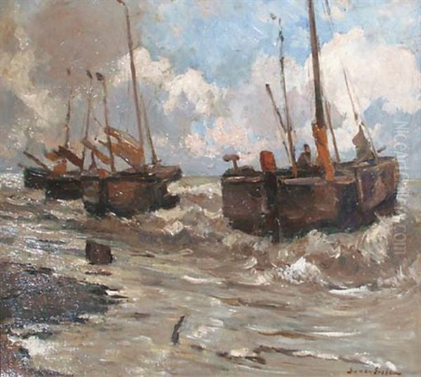 Bomschuiten At Anchor In The Surf Oil Painting by German Grobe