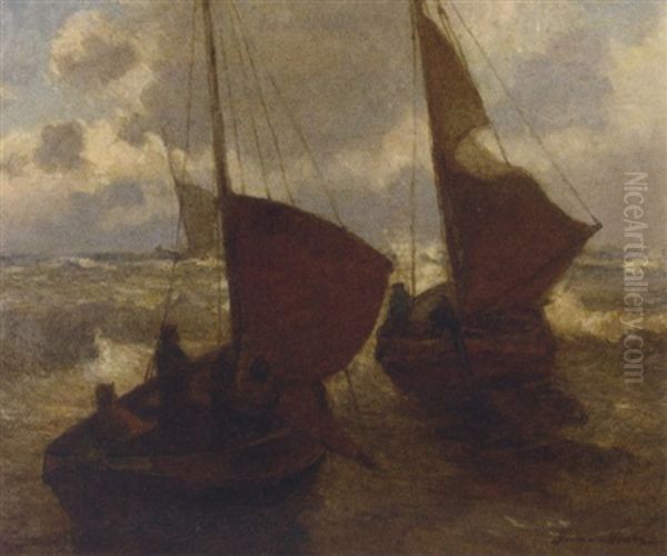 Sailing Vessels In The Surf Oil Painting by German Grobe