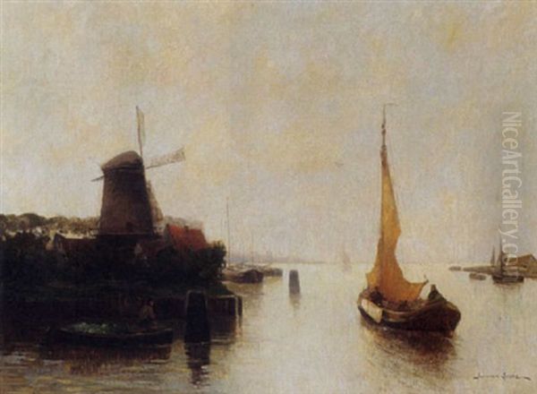 Boats On A River Nearby A Windmill Oil Painting by German Grobe