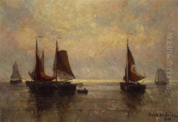 Moored Bomschuiten At Dusk Oil Painting by German Grobe