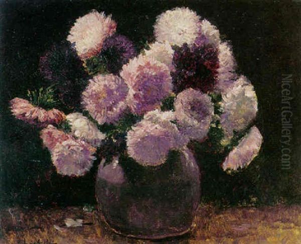 A Still Life With Chrysanthemum In A Ceramic Vase Oil Painting by German Grobe