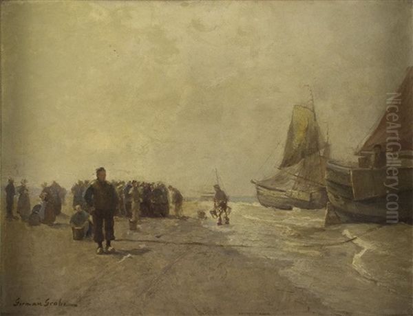 Muschelsucher Und Fischer Am Strand Oil Painting by Hermann Grobe