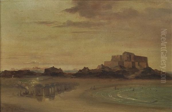 Normannische Gezeitenkuste Bei Saint-malo, Im Hintergrund Fort National Oil Painting by Francois Frederic Grobon