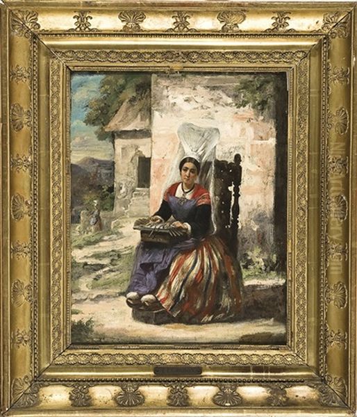 Donna In Costume Seduta Oil Painting by Francois Frederic Grobon