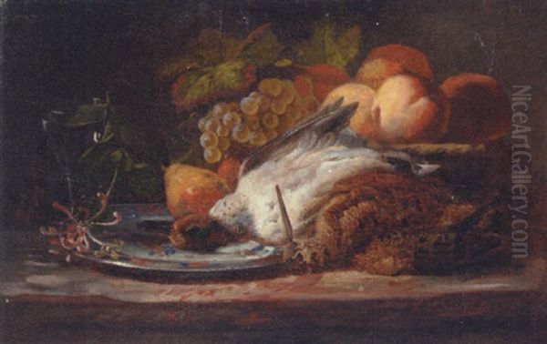 Peaches, Pears And Grapes With Two Game Birds In The Foreground Oil Painting by Francois Frederic Grobon