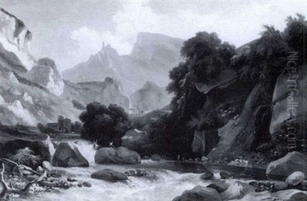 Paysage A La Cascade Oil Painting by Francois Frederic Grobon