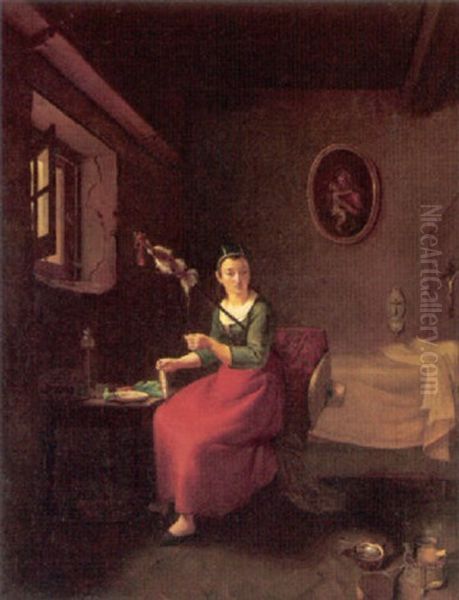 A Bedroom Interior With A Young Woman Spinning Wool At Her Desk Oil Painting by Jean Michel Grobon