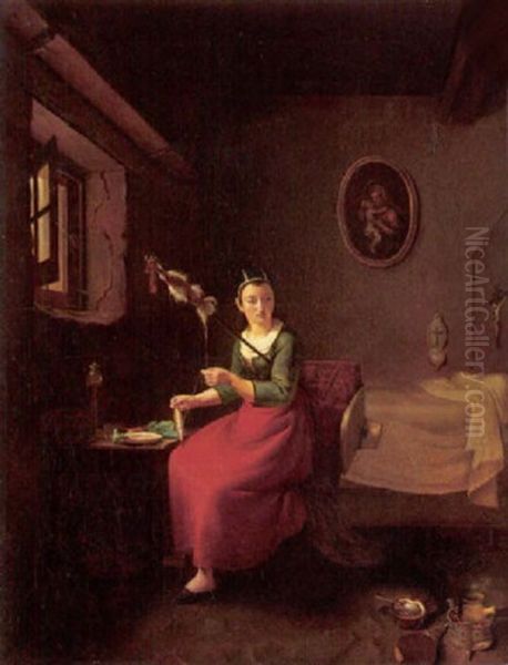 A Bedroom Interior With A Young Woman Spinning Wool At Her Desk Oil Painting by Jean Michel Grobon