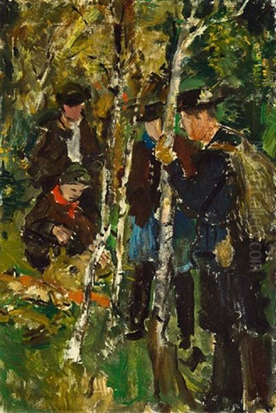 Jager Im Birkenwald Oil Painting by Hermann Groeber