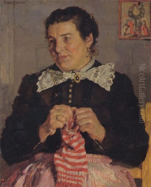 A Lady Knitting Oil Painting by Hermann Groeber