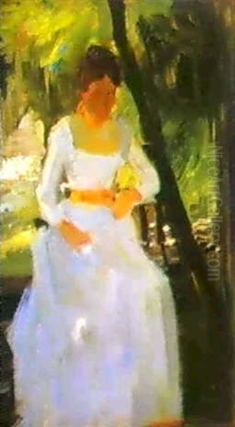 Frau In Weissem Kleid Oil Painting by Hermann Groeber