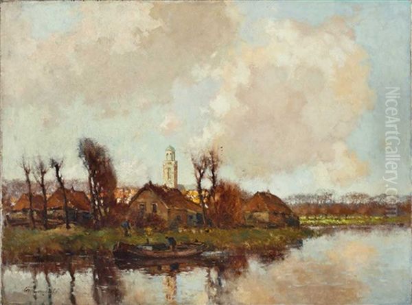 Flusslandschaft Im Fruhling Mit Angelegtem Kahn Und Kleinem Dorf by Cornelis Groeneveld