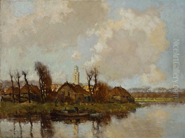 Flusslandschaft Im Fruhling Mit Angelegtem Kahn Und Kleinem Dorf Oil Painting by Cornelis Groeneveld