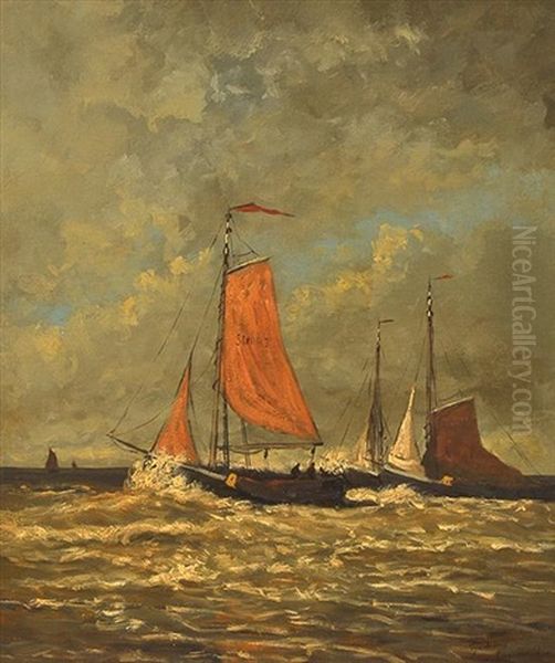 Boats In Stormy Sea Oil Painting by Tamine Tadama Groeneveld