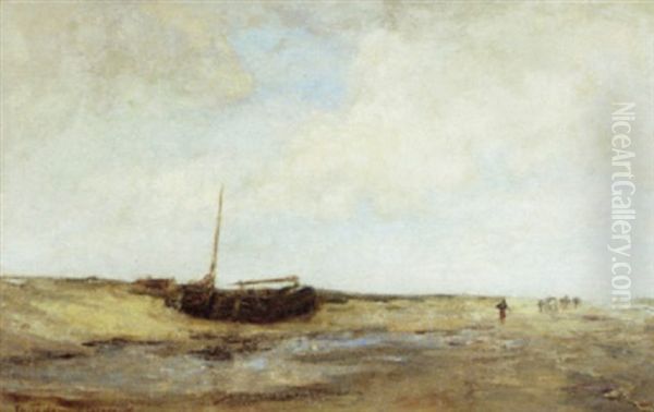 Beach Scene With Figures And Fishing Boat Oil Painting by Tamine Tadama Groeneveld