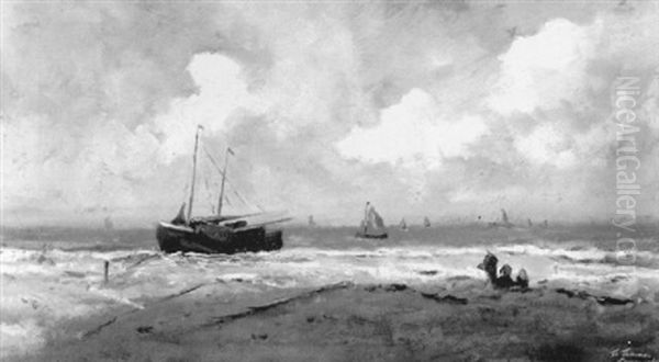 Figures Watching Ships Off The Coast Oil Painting by Tamine Tadama Groeneveld