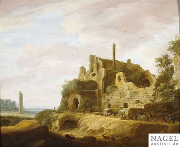 Extensive Landscape With Ancient Ruins And Goatherds Oil Painting by Pieter Anthonisz van Groenewegen