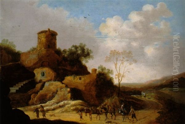 Gebirgslandschaft Mit Einem Rundturm Und Reisenden Oil Painting by Pieter Anthonisz van Groenewegen