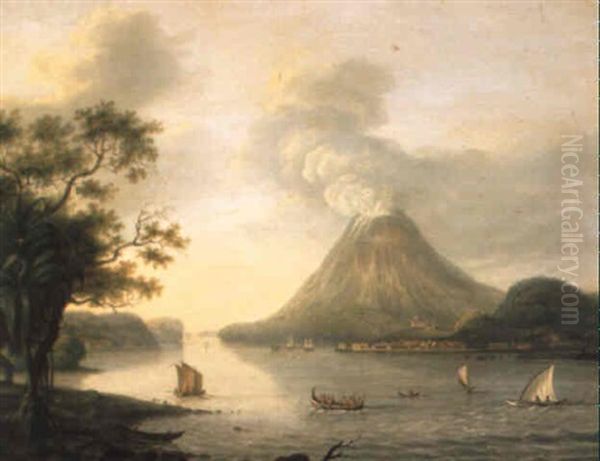 Shipping Near Banda, The Moluccas, With The Smoking Gunung Api by Wilhelmus Van Groenewoud