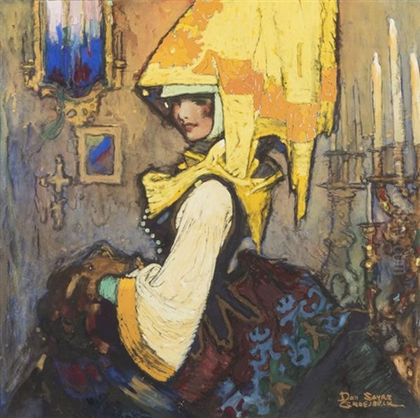 Medieval Woman In Yellow Oil Painting by Daniel Sayre Groesbeck