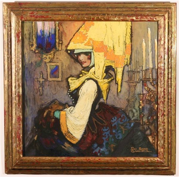 Medieval Woman In Yellow Oil Painting by Daniel Sayre Groesbeck