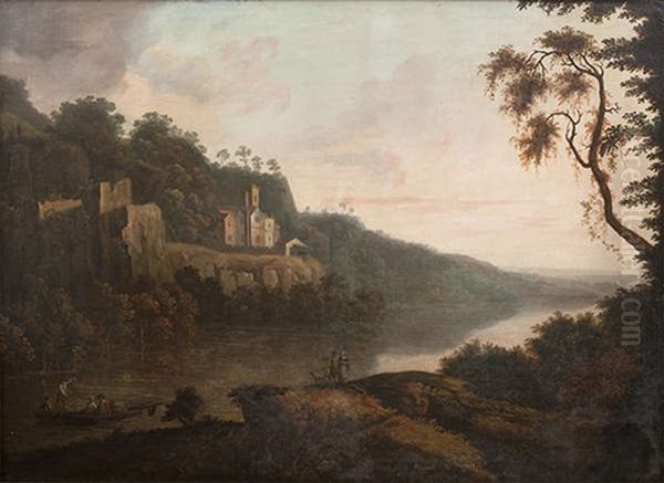 Figures Boating In A Wooded River Landscape, Sunset Oil Painting by Nathaniel Grogan the Elder