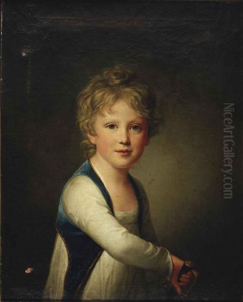 Portrait Of Graf Ernst Zu Rantzau (1802-1862) As A Child, Half-length, In A White Chemise With A Blue Velvet Gilet Oil Painting by Friedrich Carl Groeger