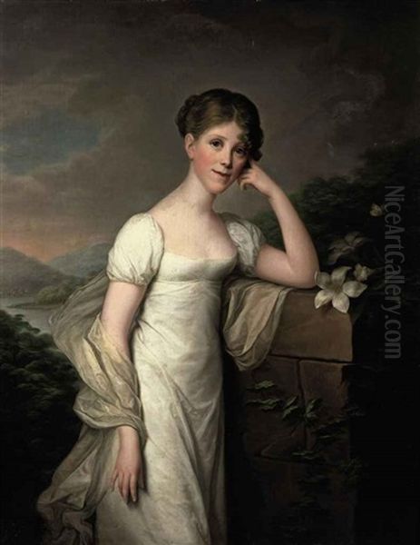 Portrait Of Sophie Caroline Von Berger, Nee Grafin Krag-juel-vind-fries In A White Dress And A Silk Wrap, Standing In A Landscape, Leaning On A Pedestal With Lilies Oil Painting by Friedrich Carl Groeger