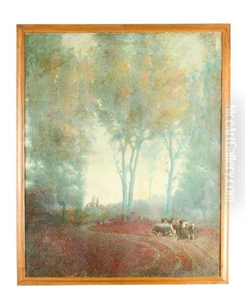 Pointillist Landscape With Horses And Farmer Oil Painting by Ivan Grohar