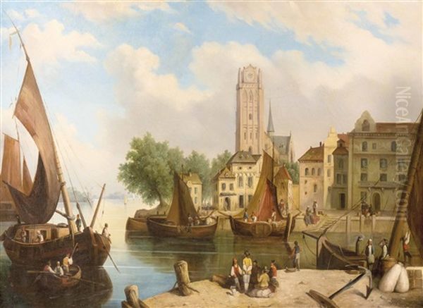 Belebte Gracht Wohl In Amsterdam Mit Schiffen Und Reicher Figurenstaffage Oil Painting by Reinhold Grohmann