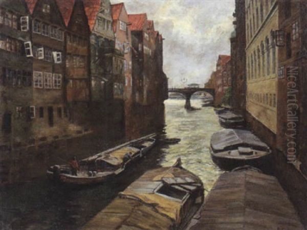 Altstadtfleet Mit Lastkahnen Oil Painting by Reinhold Grohmann