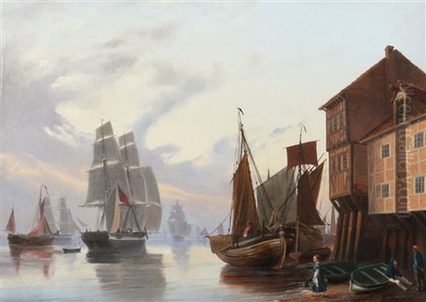 Schiffe Im Hafen Vor Der Stadt Oil Painting by Curt Victor Clemens Grolig