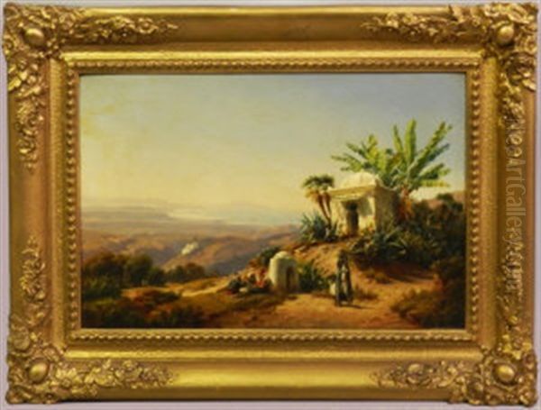 North African Mountainous Landscape Scene With Shrine And Figures Resting And Carrying Water Oil Painting by Curt Victor Clemens Grolig