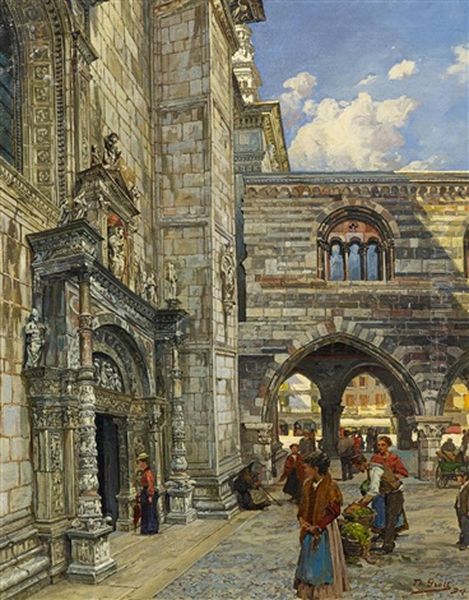 Handler Vor Dem Seitenportal Zum Dom In Como Oil Painting by Theodor Groll