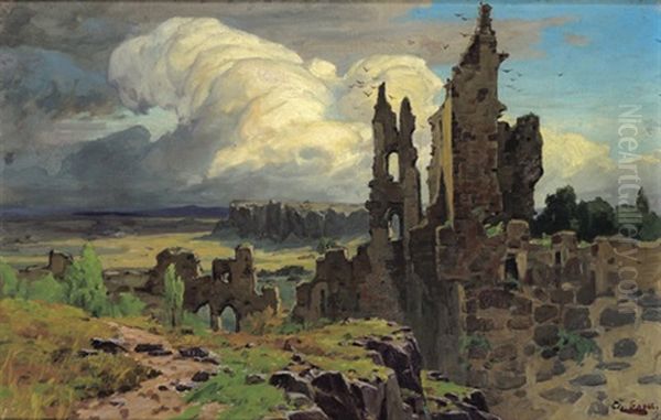 Ruinen Vor Weiter Wolkenverhangener Landschaft Oil Painting by Theodor Groll