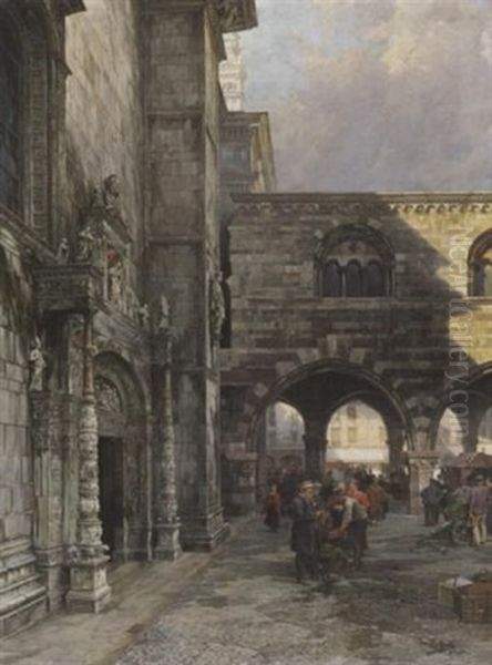 Vor Dem Martinsdom In Como. Handler Vor Dem Hauptportal Oil Painting by Theodor Groll