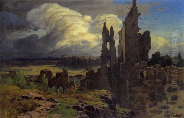 Ruinen Vor Weiter Wolkenverhangener Landschaft Oil Painting by Theodor Groll