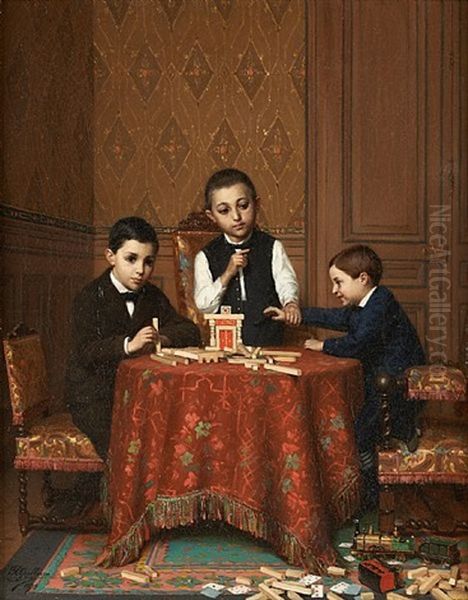 Trois Enfants Jouant En Tenue Du Dimanche Oil Painting by Paul (Louis Narcisse) Grolleron