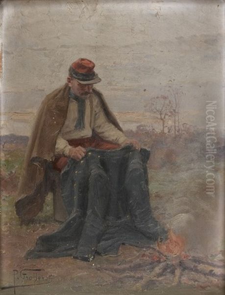 Soldat D'infanterie Au Reglement De 1884 Faisant Secher Sa Tunique Pres D'un Feu Oil Painting by Paul (Louis Narcisse) Grolleron