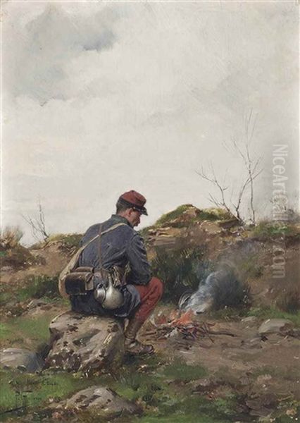 A Soldier Making A Campfire Oil Painting by Paul (Louis Narcisse) Grolleron