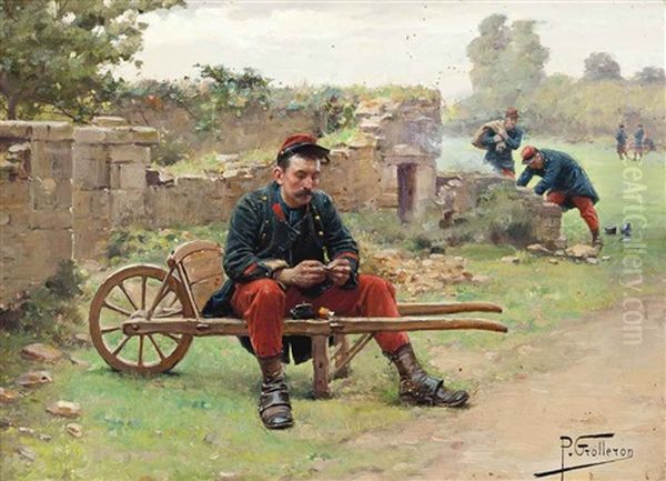 A Soldier Preparing A Cigarette Oil Painting by Paul (Louis Narcisse) Grolleron