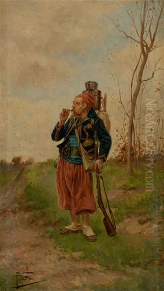 French Soldier Smoking Oil Painting by Paul (Louis Narcisse) Grolleron