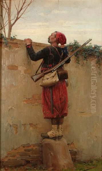 A Zouave Peering Over A Wall by Paul (Louis Narcisse) Grolleron