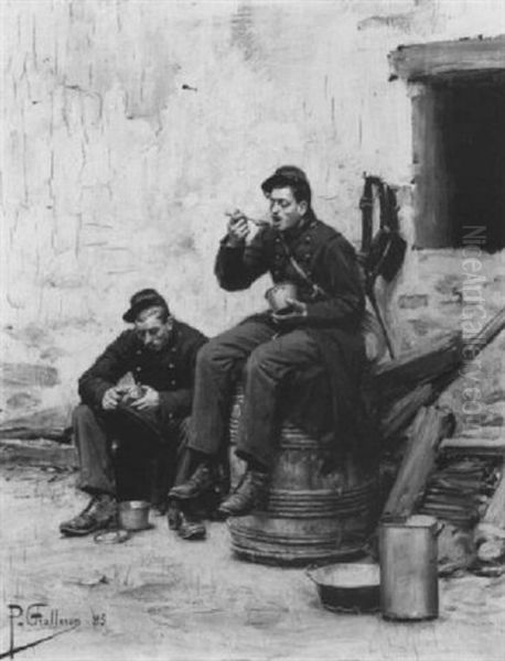 Two Soldiers Break For A Meal Oil Painting by Paul (Louis Narcisse) Grolleron