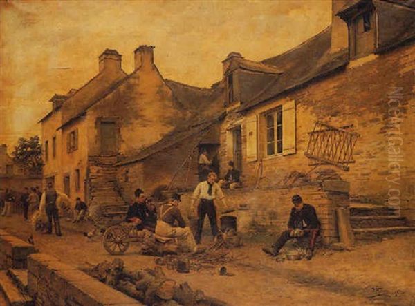 Soldiers Outside A Thatched Cottage Oil Painting by Paul (Louis Narcisse) Grolleron