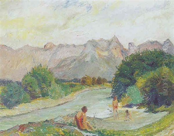 Badende An Der Saalbach (steinernes Meer) by Hermann Grom-Rottmayer