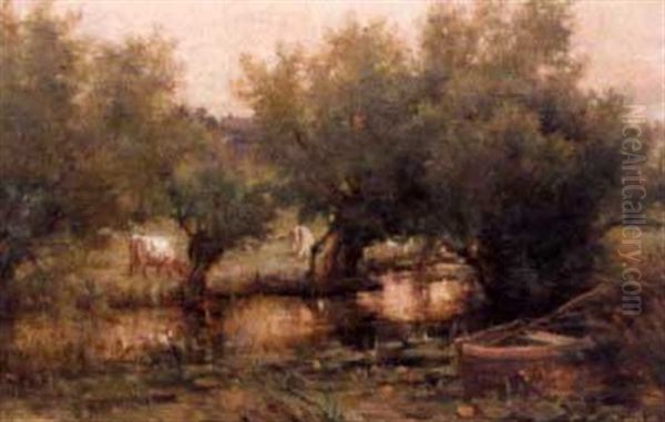 A Tree-lined River Scene As Sun Sets, Cattle Graze Oil Painting by Ferdinand E. Grone